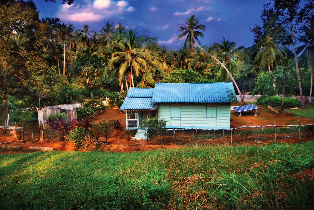 A kampong house on Pulau Ubin with solar panels and fruit trees