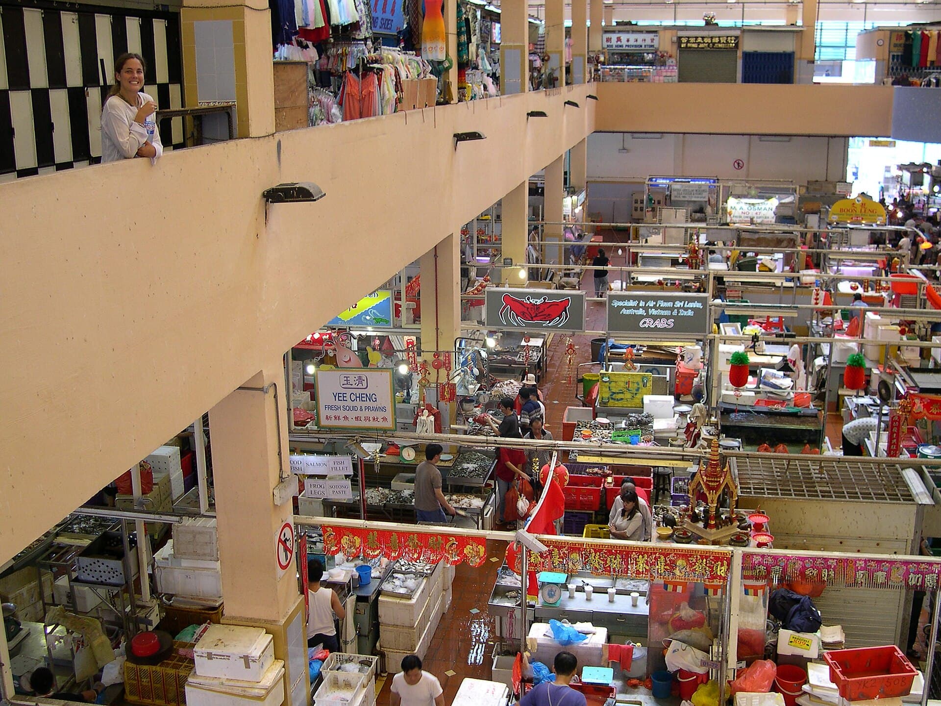 Fish and produce stalls inside the wet market at Tekka Centre.